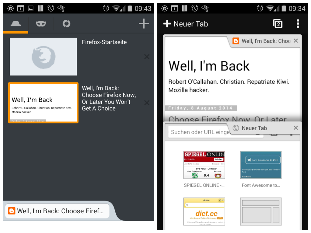 Screenshot of a Firefox and Chrome Browser side by side on Android from August 2014s